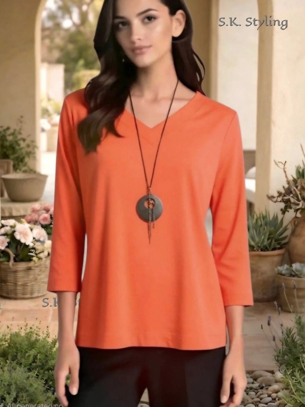 Chico's 3/4 Sleeve V-Neck Knit Top 100% Pima Cotton Tee Coral size 3 = X-LARGE